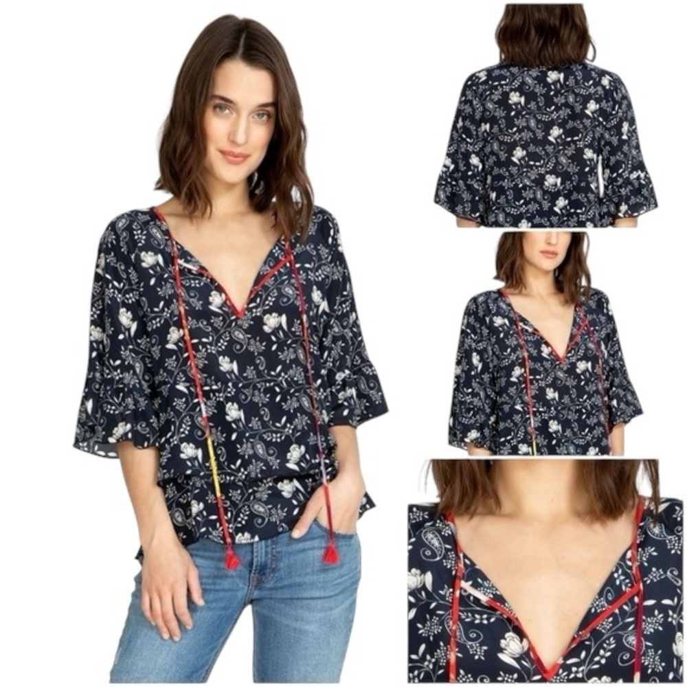 Johnny Was Jade Silk Boho Peasant Blouse Navy Floral Paisley Ruffle Sleeve Sz XS